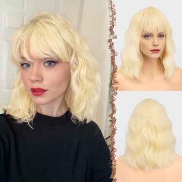 FESHFEN Blonde Bob Wig with Bangs, Shoulder Length Wavy Wig Synthetic Light Blonde Short Hair Wig for Women Natural Looking Wigs for Party Daily, 14 inch