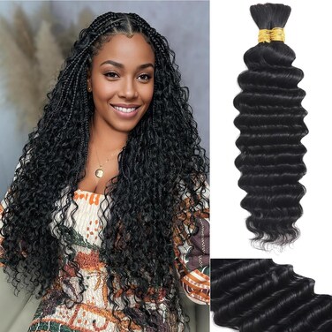 Human Braiding Hair 12A Deep Wave Bulk Human Hair for Braiding 100G 16 Inch Curly Human Hair For Boho Braids Hair Extensions Wet and Wavy Human Hair Braiding Hair No Weft Natural Black