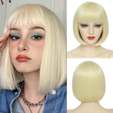 Blonde Bob Wig For Women Short Blonde 613 Bob Wig With Bangs Straight Bob Bangs Wig 10 Inch Heat Resistant Synthetic Hair Natural Looking For Daily Party Use