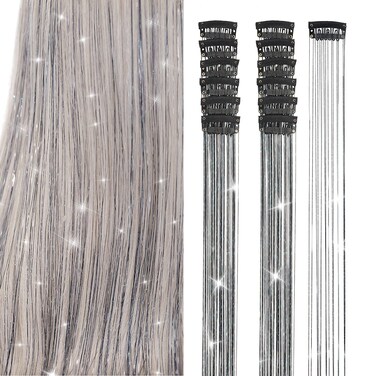 Ubeleco Black Hair Tinsel 12Pcs Clip in Hair Accessories 20.5 Inch Fairy Hair Tinsel Kit for Christmas New Year Tinsel Hair Extensions for Women Girls Kids (12Pcs, Black)