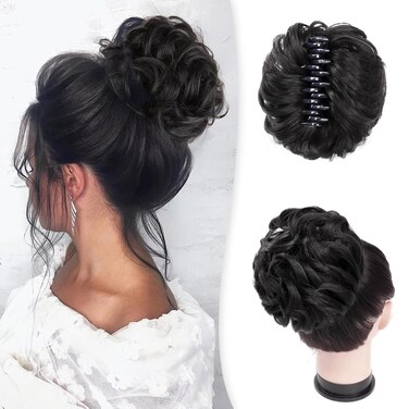 Messy Bun Hair Piece, Fake Hair Bun Hair Pieces for Women, Clip on Bun Extensions Wavy Curly Hairpieces for Women for Daily Party Wedding (Natural Black)