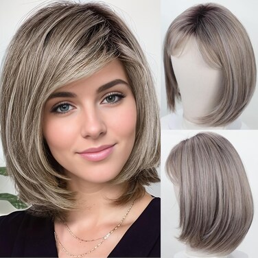 RENERSHOW Short Ombre Grey Wigs for Women Layered Chin length Gray Bob Wig Mid-length Straight Hair Wig Natural Looking Synthetic Wig