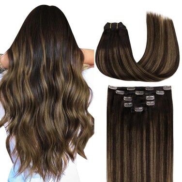MAXITA Hair Extensions Clip in Human Hair, 5pcs 75g Balayage Dark Brown Mixed Chestnut Brown 16 Inch, Clip in Hair Extensions Real Human Hair Extensions Natural Straight Hair for Women