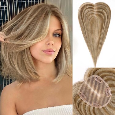 starluck Hair Toppers for Women Real Human Hair 14 inch No Bangs, 100% Remy Human Hair Toppers for Women with Thinning Hair,Cover Gray Hair Roots,Adds Hair Volume,Mixed Blonde And Brown