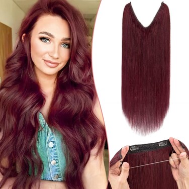 Invisible Wire Hair Extensions Real Human Hair Seamless Fish Line Hairpiece One Piece Fish Line Secret Hair Extensions With 2 Clips For Women 16 Inch 99J Burgundy Wine Red