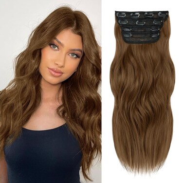 NAYOO 4PCS Clip in Hair Extensions Long Wavy Curly Synthetic Thick Hairpieces Chestnut Brown for Women with Fiber Double Weft Hair Full Head（20 Inch, Medium Brown）