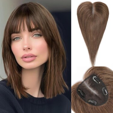 Starluck Real Human Hair Toppers for Women - With Bangs, Hand-woven, Covers Gray Roots, Adds Volume - Brown