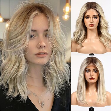 starluck Mixed Blonde Wigs Human Hair Lace Front Wigs Human Hair for White Women Pelucas De Mujer Pelo Humano 16 Inch Wavy Realistic and Natural Daily Wear