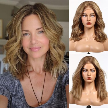 starluck Mixed Brown Wigs Human Hair Lace Front Wigs Human Hair for White Women Pelucas De Mujer Pelo Humano 16 Inch Wavy Realistic and Natural Daily Wear