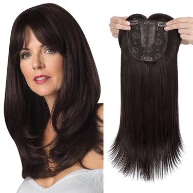 Elailite 18 Inch Hair Topper with Bangs, Synthetic Clip in Hair Toppers for Women, 6"x6" Large Base Hair Pieces Perfect for Women with Thinning Hair, Dark Brown