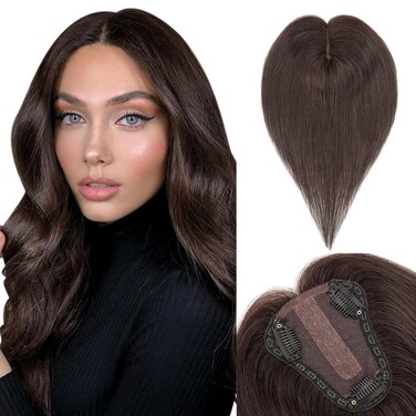 Benehair Hair Toppers for Women Real Human Hair 100% Remy Human Hair Pieces for Women with Thinning Hair 8 * 10cm Lace Silk Base 12 Inch 35g Clip in Hair Extensions Black Brown