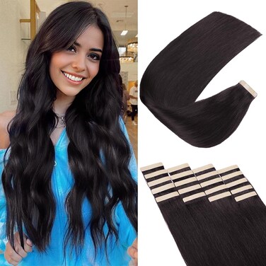 Tape in Hair Extensions Human Hair, Hair Extensions 18 Inch 20pcs Natural Black Remy Straight Human Hair Tape in Extensions Skin Weft Tape Extensions Human Hair (1B#,18 Inch)