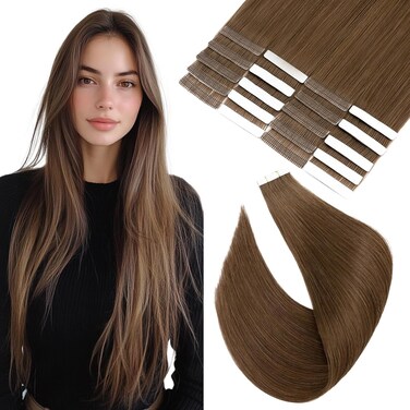 Elailite Tape in Hair Extensions Human Hair Thick Real Remy Hairpieces Medium Brown 14 Inch 40g 20pcs Straight Invisible Seamless Skin Weft Best Tape for Women