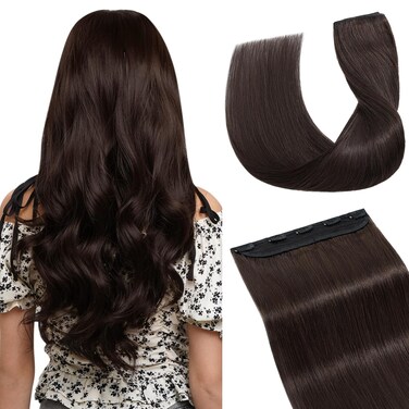 Hairro 100% Human Hair Clip in Extensions 12 Inch 40g One-piece 5 Clips Long Straight Clip on Hairpiece Half Head for Women Wide Standard Weft Soft Silky #2 Dark Brown