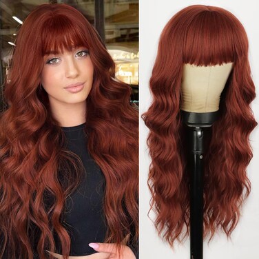 Auburn Wigs with Bangs Long Wavy Copper Red Wig for Women 26 Inch Natural Looking Curly Synthetic Wig Heat Resistant Fiber Wigs for Daily Party Use