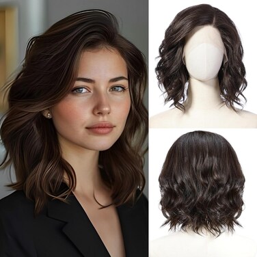 starluck Side Part Wavy Wig Dark Brown Layered Lace Front Bob Wig 14 Inch Shoulder Length Heat Resistant Synthetic Wig for White Women