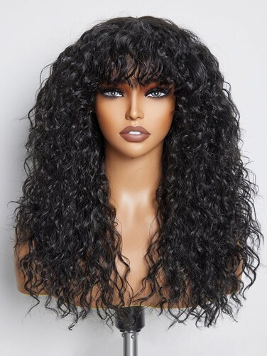 GORGIUS Shaggy Haircuts Natural Black Curly Wig with Bangs Crafted with Style-Archive Technology: Premium Fiber &amp; Remy Human Hair Blended, Realistic Look with True Scalp