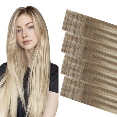 Invisi Edge Tape in Hair Extensions Human Hair, Ash Brown to Platinum Blonde 18Inch 20pcs 40g Straight Remy Seamless Injected Tape in extensions