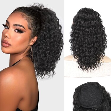 AISI BEAUTY Black Ponytail Extension 14 Inch Curly Drawstring Ponytail for Women Clip in Fake Ponytail Synthetic Curly Pony Tails Hair Extensions(Black)