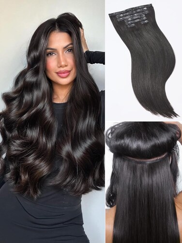 LUVME Straight Seamless 110g 7Pcs Clip in Hair Extensions Full Max with 16inch Remy Human Hair Extensions, Natural Black 100% Real Soft Human Hair Extensions