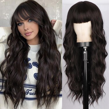 Long Dark Brown Wig with Bangs Synthetic Wavy Wigs for Women 26 Inches Curly Heat Resistant Fiber Wigs for Daily Party Use