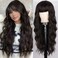 Long Dark Brown Wig with Bangs Synthetic Wavy Wigs for Women 26 Inches Curly Heat Resistant Fiber Wigs for Daily Party Use
