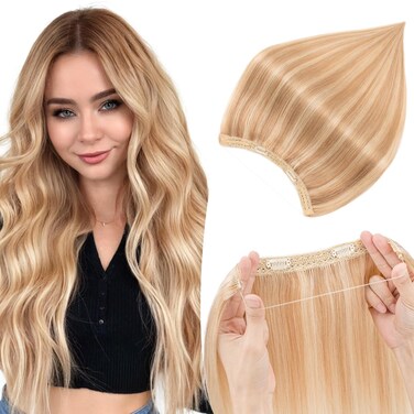 Halo Hair Extensions Real Human 12 Inch Hair Halo Extensions for Women Long Straight Wire Hair Extensions Real Human Hair 55g Hair Extensions Halo #Golden Brown Mixed Bleach Blonde