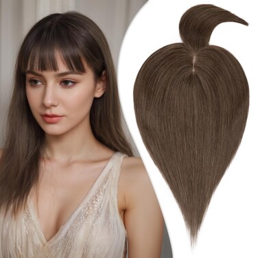 Hair Toppers for Women Real Human Hair, 150% Density Silk Base Clip in Hair Extensions, Short Hair Topper Hair Pieces for Women with Thining Hair, Cover Gray Hair, With Bangs 12 Inch #02