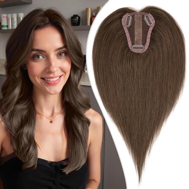 Hair Toppers for Women Real Human Hair No Bangs Human Hair Toppers for Women 150% Density Human Hair Toppers for Thin Hair 10 Inch Toppers Hair Pieces for Women Dark Brown #02