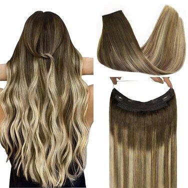 GOO GOO Wire Hair Extensions Human Hair, 3/8/613 Walnut Brown with Ash Brown and Bleach Blonde Balayage 16inch 95g, Invisible Wire Hair Extensions with Transparent, Seamless Fish Line Hairpiece