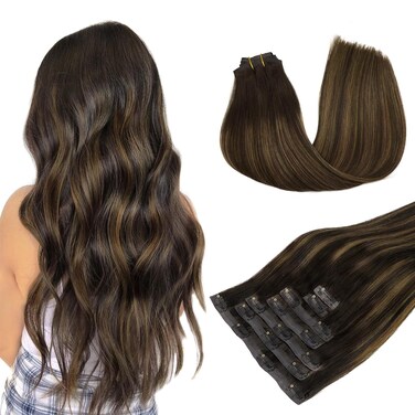 DOORES Seamless Clip in Hair Extensions, Dark Brown to Chestnut Brown 7pcs 110g 14 Inch, Hair Extensions Human Hair Remy Clip in Hair Extensions Straight Invisi Edge Hair Extensions Hair Skin Weft