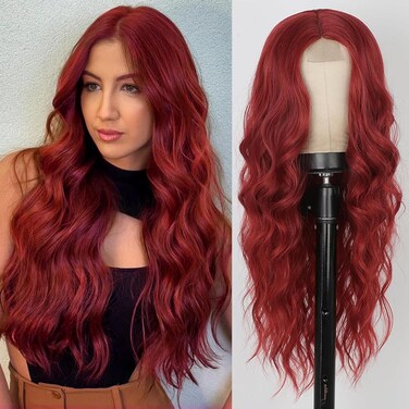 AISI QUEENS Red Wig Long Wavy Red Wigs for Women, 24 Inches Wavy Middle Part Hair Heat Resistant Fiber Curly Cosplay Wig for Girls Daily Halloween Use