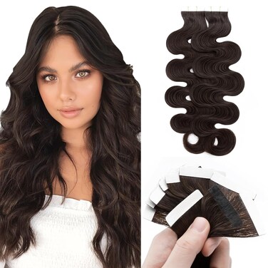 Benehair Remy Tape in Hair Extensions Human Hair Dark Brown Seamless Skin Weft Tape in Real Human Hair Extensions Wavy Hair 18 Inch 50g #2 20 pcs