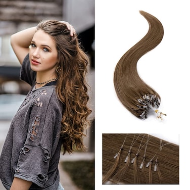 SEGO Micro Beads Hair Extensions Human Hair 14 Inch Light brown Micro Loop Human Hair Extensions Natural Straight Micro Ring Human Hair Extensions 50g 100 Strands Cold Fusion Hair Extension 6#