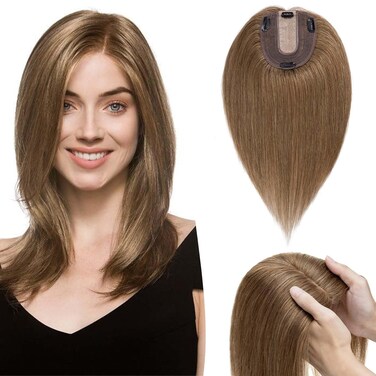 Hair Topper for Women 100% Human Hair Hair Topper with No Bangs Hair Pieces for Women with Thinning Hair 12 Inch #06 Dark Linen