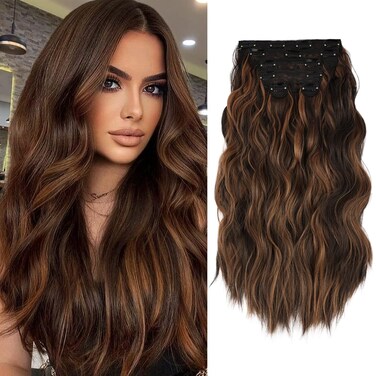 WECAN Clip in Long Wavy Synthetic Hair Extension 20 Inch 6pcs Auburn &amp; Chestnut Thick Hairpieces Fiber Double Weft Hair for Women