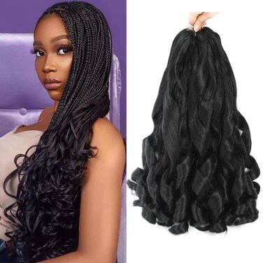 French Curl Braiding Hair Pre Stretched 16 Inch Braiding Hair 1B Loose Wavy Pre Streched Braiding Hair for Black Women Crochet Braids Hair Extensions(7Packs), 1B)