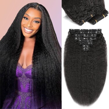 Remy Clip-in Hair Extensions, 18 Inch Kinky Straight, 8PCS, Black Women's Natural Color