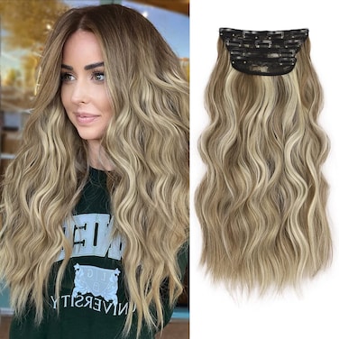 QGZ Clip in Long Wavy Hair Extensions Synthetic 4 PCS Thick Hairpieces for Women 20 Inch Long Fiber Hair Extension for Daily Party Use (Ash Brown Mix Blonde)