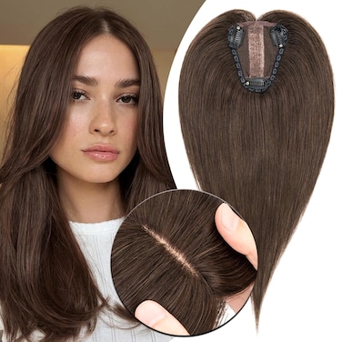 MY-LADY Human Hair Toppers for Women Real Human Hair for Thinning Hair 8 * 10CM Lace Silk Base Hair Pieces No Bangs Clip in Remy Hairpieces Hand-Tied 12 Inch Dark Brown