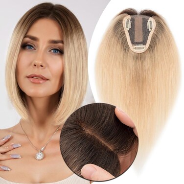 MY-LADY Human Hair Toppers for Women Real Human Hair for Thinning Hair 8 * 10CM Lace Silk Base Hair Pieces No Bangs Clip in Remy Hairpieces Hand-Tied 12 Inch Blonde with Dark Root
