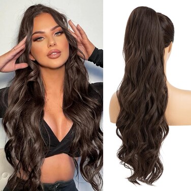 Drawstring Ponytail Hair Extensions Wavy Long 26 Inch Synthetic Fake Hairpiece for Women Dark Brown