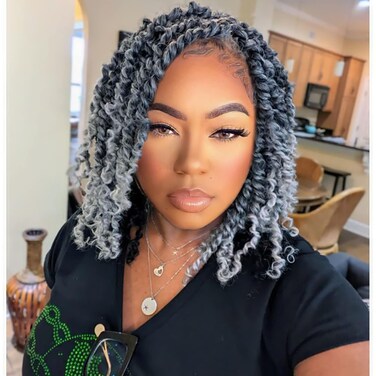 Pre-twisted Passion Twist Hair 10 Inch 8 packs Short Passion Twist Crochet Hair Pre-looped Crochet Braids for Women Kids Gray Passion Twists Synthetic Curly Crochet Hair Extensions 1B/Gray