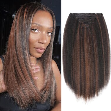 WIGNEE 18 Inch 7 Pieces Kinky Straight Clip In Hair Extensions Black, 1B/27 Highlights, Clip Ins For Black Women, Yaki Straight