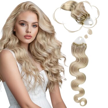 Moresoo Micro Loop Hair Extensions 20 Inch Wavy Microlinks Hair Extensions Human Hair Highlighted Ash Blonde With Bleached Blonde Micro Link Hair Extension 50G/50S #P18/613