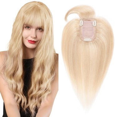 SEGO Hair Toppers for Women, Clip in Real Human Hair Toppers Straight with Bangs 150% Density Silk Base -8 Inch #18/613 Ash Blonde Mix Bleach Blonde
