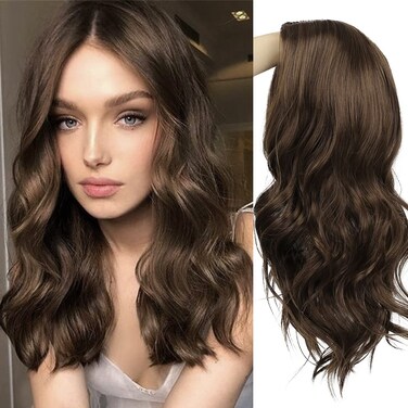 Long Curly Wavy Brown Wig for Women Middle Part Hair Replacement Wigs Synthetic Heat Resistant Fibers for Daily Use,20