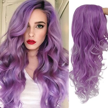 Long Curly Wavy Wine Red Pink Wigs with Purple Highlight Middle Part Colorful Wig Cosplay Costume Synthetic Replacement Wig for Women
