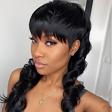 Black Wig with Bangs for Women Long Wavy Hair Wig Black Curly Wavy Synthetic Wigs for Girls Daily Party Use