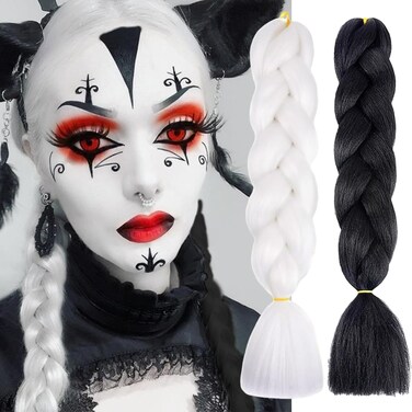White Black Jumbo Braiding Hair Extensions 24 Inch Ombre Braiding Hair for Women Pre stretched High Temperature Synthetic Fiber Hair Twist Crochet Braids for Halloween Cosplay Party Makeup Carnival